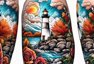 thigh tattoo in fall colors, showing lighthouse, water flow, rocks, sky, clouds, leaves, roses tattoo idea