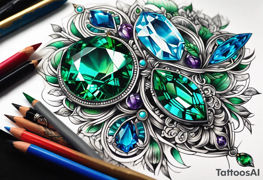 emerald gem, 2 sapphire gems, turquoise gem tattoo idea