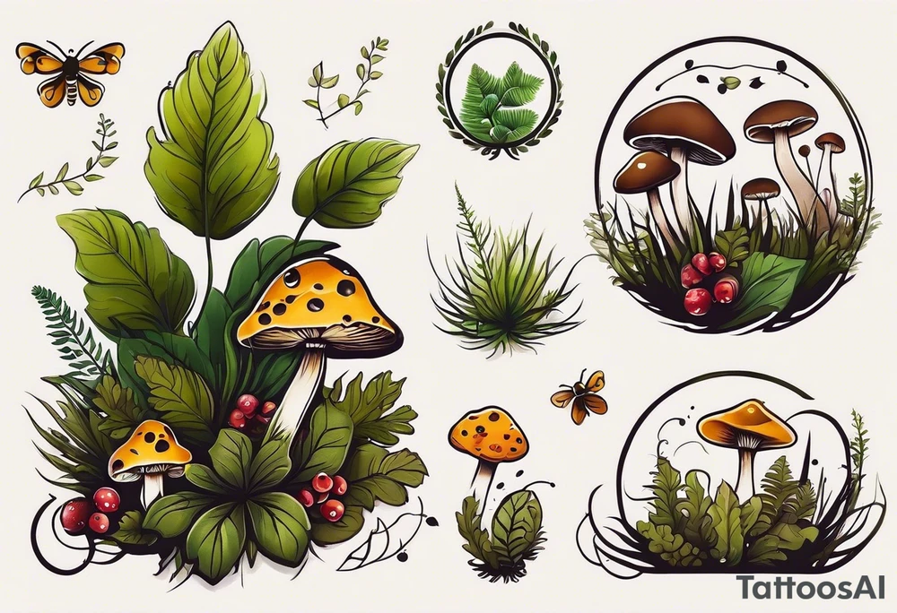 minimalistic forest floor inspired tattoo, which includes grass, moss, curly ferns and dead leaves as the bulk of the tattoo. details to include: forest berries, couple of very small brown mushrooms, a tiny bumblebee flying nearby tattoo idea