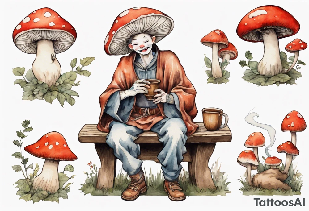 a mushroom person with a mouse-like face wearing a mushroom hat wearing a medieval tunic drinking from a wood cup, sitting on a bench laughing tattoo idea