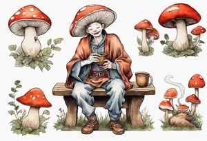 a mushroom person with a mouse-like face wearing a mushroom hat wearing a medieval tunic drinking from a wood cup, sitting on a bench laughing tattoo idea