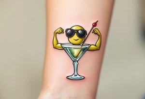 Pickled Martini Olive – A tough-looking green olive flexing its arms, wearing sunglasses, lounging in a martini glass. Add a red pimento core and a skewer like a spear. tattoo idea