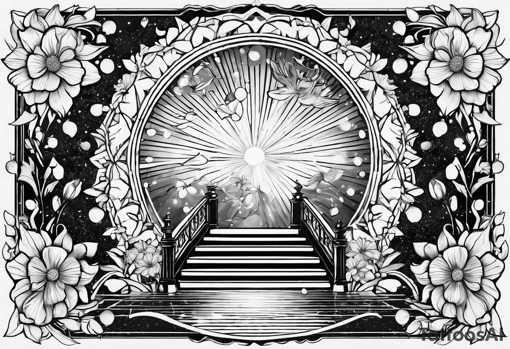 om, sparrow, sunrays, staircase, cosmos, iris, daisy tattoo idea