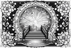 om, sparrow, sunrays, staircase, cosmos, iris, daisy tattoo idea