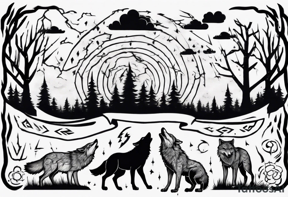 a thunder and lightning storm over a forest with a distant wolf howling and a drum circle tattoo idea a thunder and lightning storm over a forest with a distant wolf howling and a drum circle tattoo idea