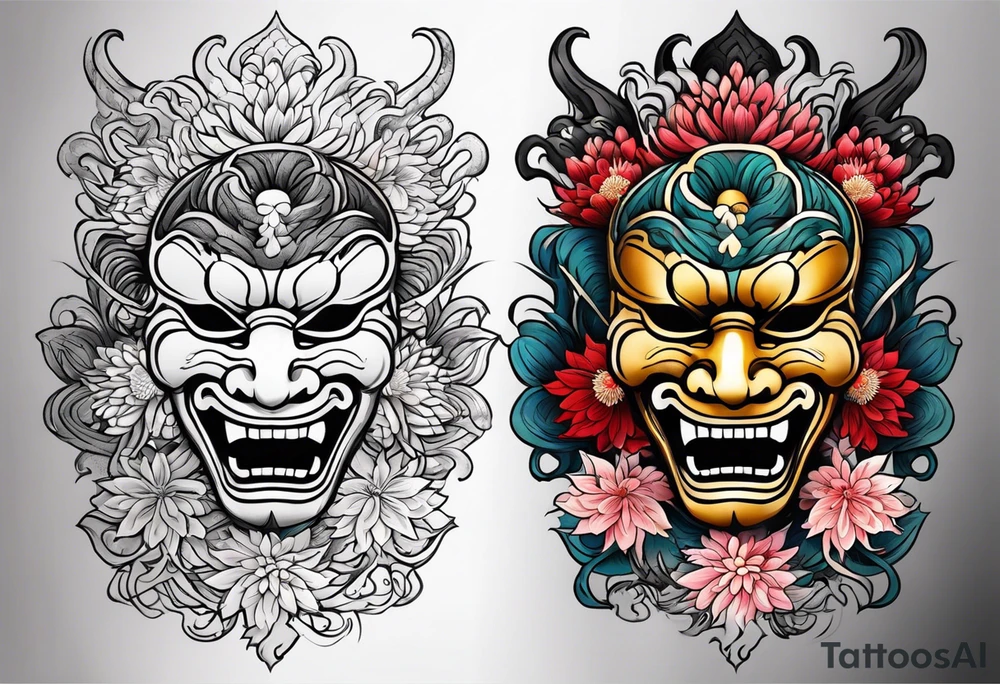 I want to combine japanese and ornamental styles. I want to have a full sleeve tattoo. i want a japanese mask in the top, japanese Chrysanthemum Flower in the bottom and fill the rest with ornamental tattoo tattoo idea
