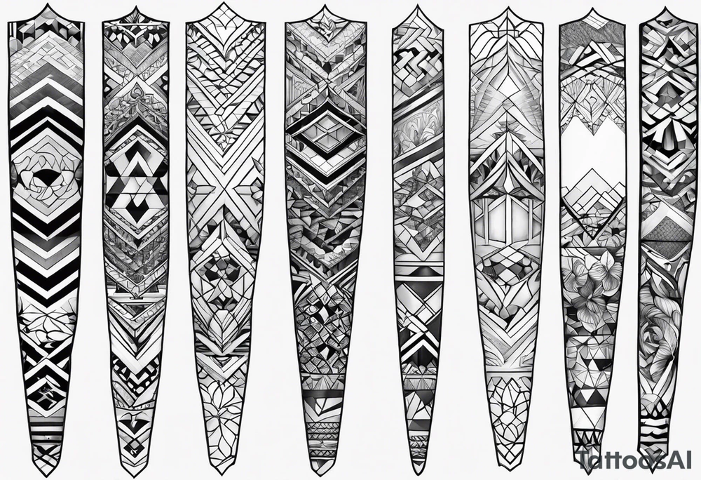 Mix match geometric pattern full leg sleeve male tattoo idea
