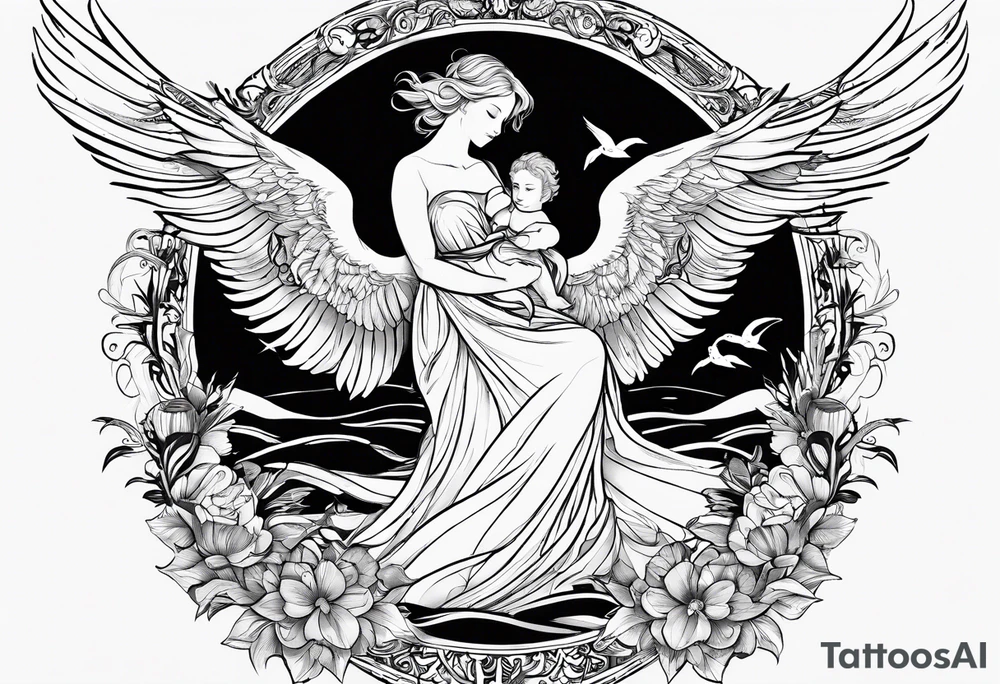 A tattoo with the letters “Lev livet mens du kan” with a small angel and the sea with sea gulls tattoo idea