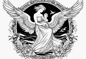 A tattoo with the letters “Lev livet mens du kan” with a small angel and the sea with sea gulls tattoo idea