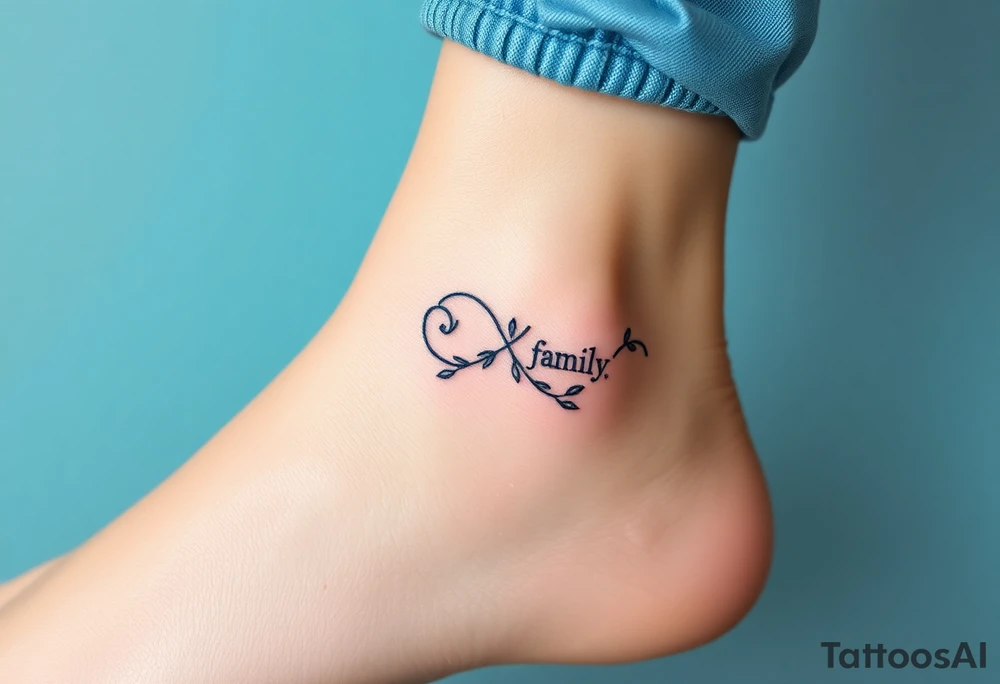 A delicate infinity symbol with intertwined vines, wrapped around the word "family," tattoo idea