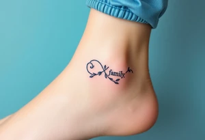 A delicate infinity symbol with intertwined vines, wrapped around the word "family," tattoo idea