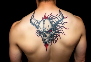 Demon skull black and red on left chest male tattoo idea