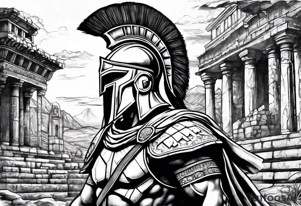 Spartan solider looking at ancient city tattoo idea