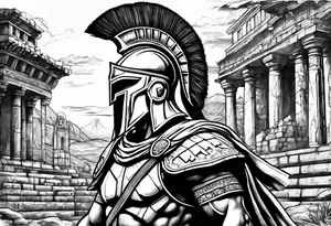 Spartan solider looking at ancient city tattoo idea