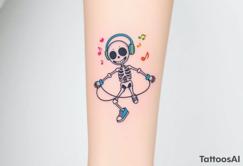 Cute smiley skeleton with love shape in his eyes jumping on a jump rope with blue headphones blue armbands blue sneakers and colorful  music notes around his head tattoo idea