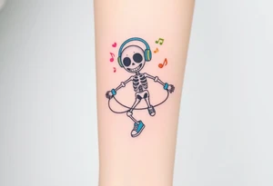 Cute smiley skeleton with love shape in his eyes jumping on a jump rope with blue headphones blue armbands blue sneakers and colorful  music notes around his head tattoo idea