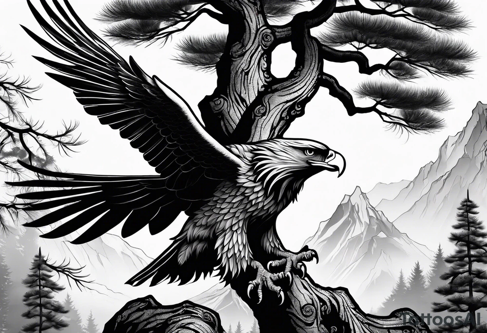 Full back tattoo ancient pine tree Forrest and giant black eagle tattoo idea
