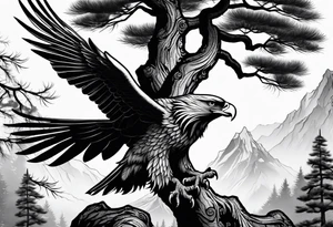 Full back tattoo ancient pine tree Forrest and giant black eagle tattoo idea