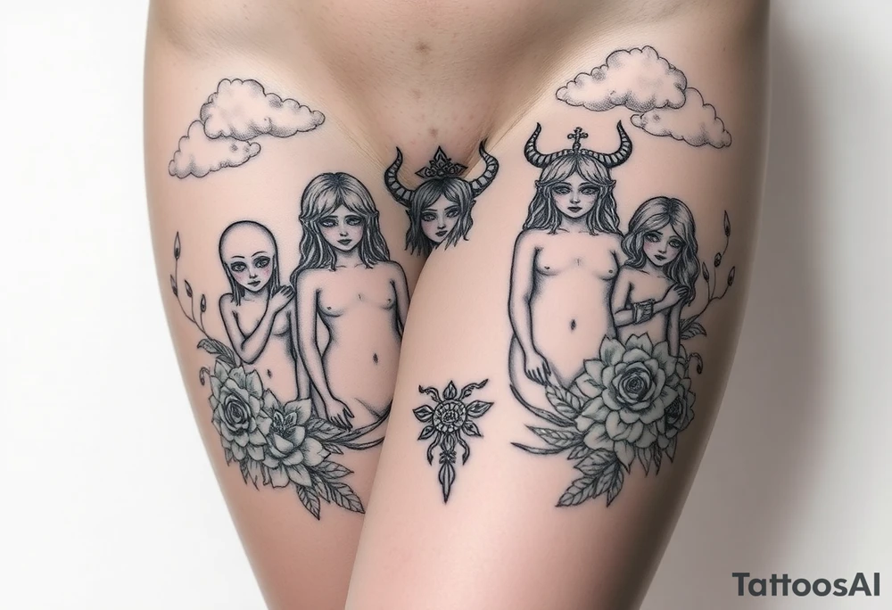 Sexy naked seven deadly sins pride wrath gluttony envy lust sloth greed
with clouds and floral tattoo idea