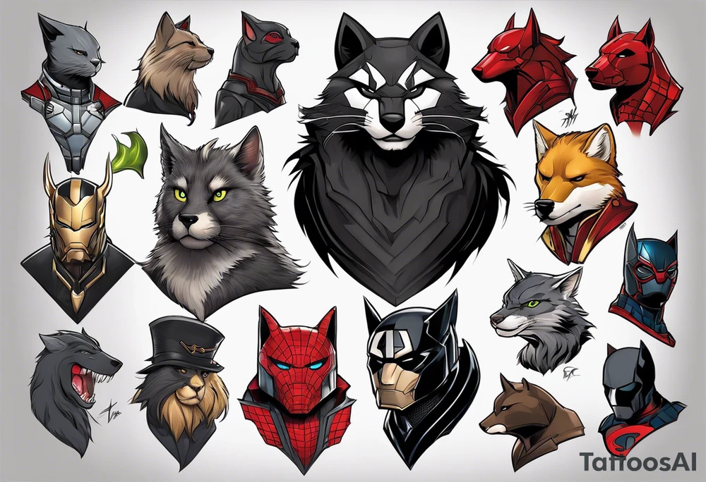 I want to change Avengers characters with animals. Hulk will be Badger, Thor will be Alpha Grey Wolf, Captain America will be Bull, Iron Man will be Canary, Black Widow will be Axolotl, Hawk Eye will be Sudan Plated Lizard and Nick Fury will be Cat tattoo idea