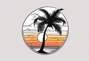 Palm tree with sunset and names in sand tattoo idea