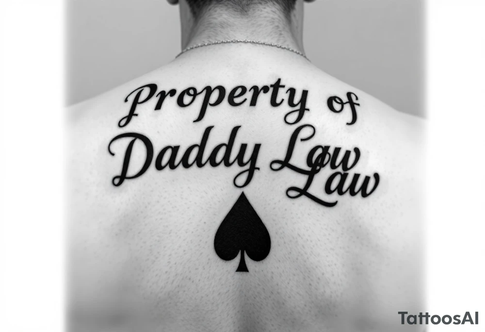 Lettering in calligraphy/cursive that says:
Property of
Daddy Law

Somewhere in there a queen of spades. Could be in the "a" in the Daddy or Law but just want it somewhere in there
tattoo is going to be for a thicker female on their lower back area tattoo idea