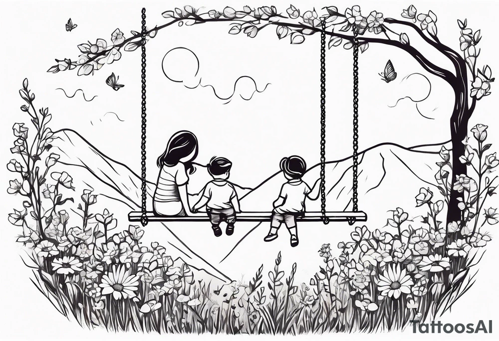 Mom with son and daughter on a swing in the distance in a field of flowers tattoo idea
