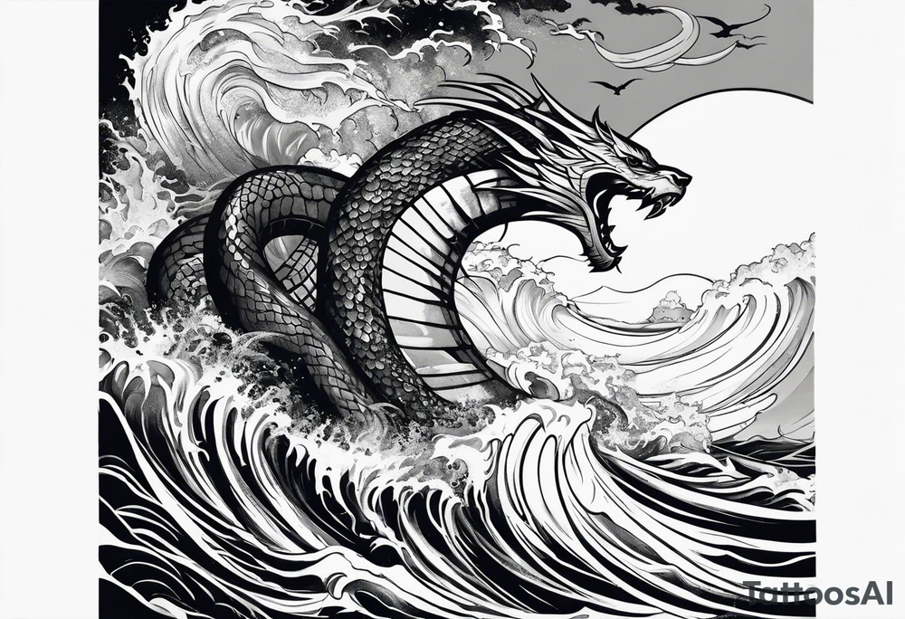 Thor fighting the world serpent in the ocean in a typhoon tattoo idea