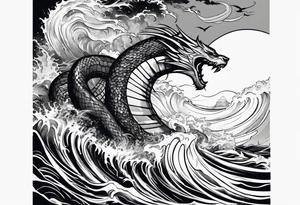 Thor fighting the world serpent in the ocean in a typhoon tattoo idea