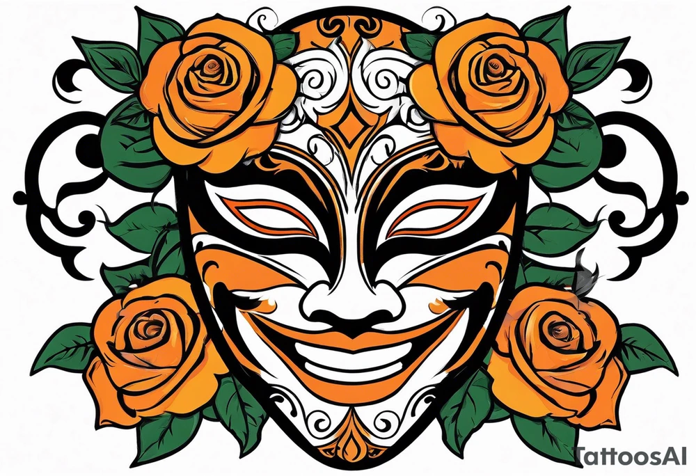 Laughing Male masquerade mask with orange and black roses tattoo idea