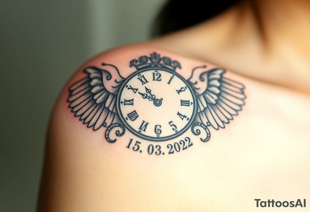 An ornate clock face encased in angel wings and date of birth 15.03.2022, symbolizing protection and love, in soft gray and white with golden highlights tattoo idea