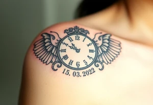 An ornate clock face encased in angel wings and date of birth 15.03.2022, symbolizing protection and love, in soft gray and white with golden highlights tattoo idea