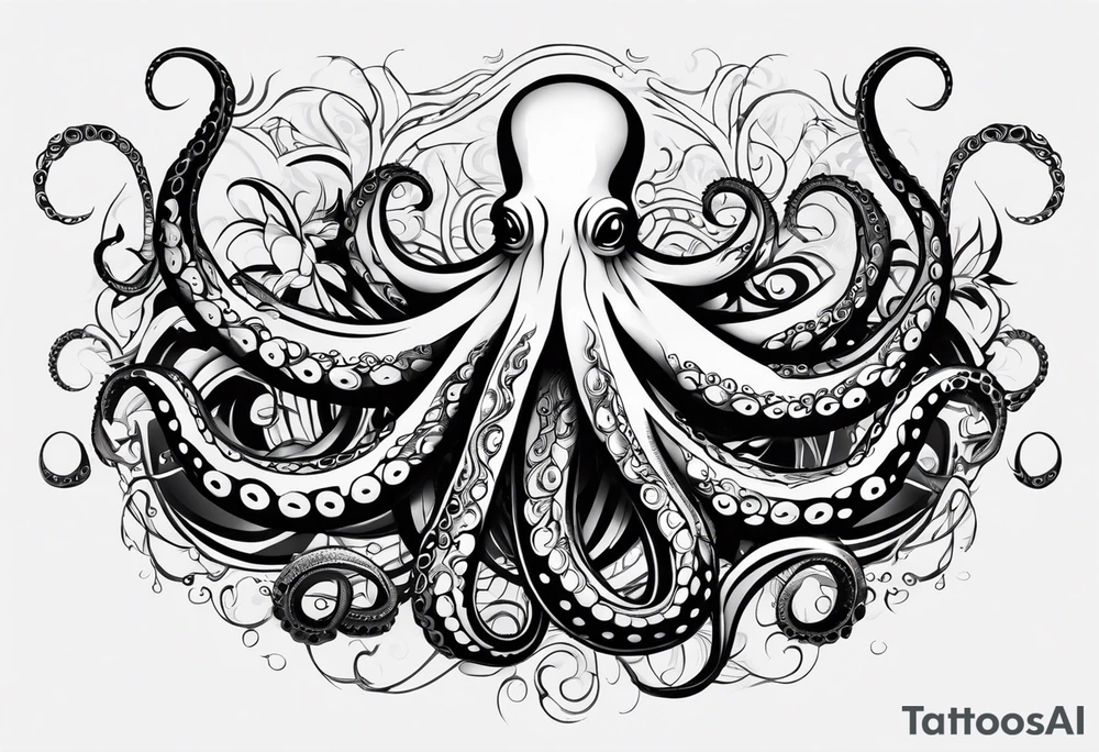 Tribal half sleeve. octopus surrounded by ribbons of water waves filled with fish. the octopus has small eyes. Use thick lines only with less detail. tattoo idea