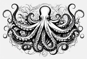 Tribal half sleeve. octopus surrounded by ribbons of water waves filled with fish. the octopus has small eyes. Use thick lines only with less detail. tattoo idea