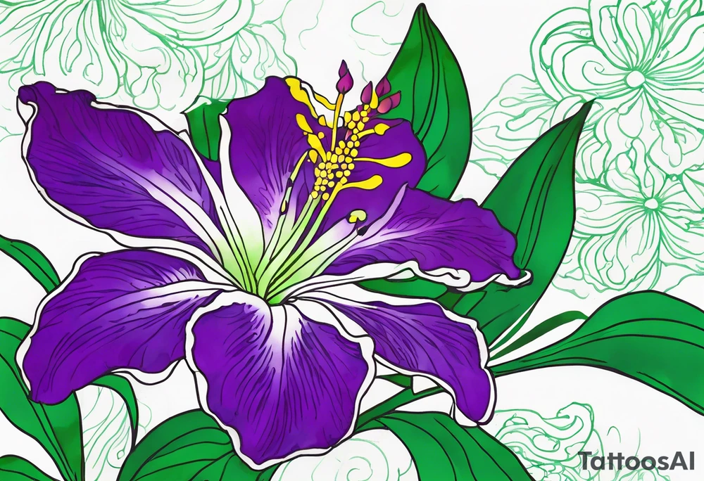 An outline of a green rio dipladenia flower and a green and purple watercolor splash in the background tattoo idea