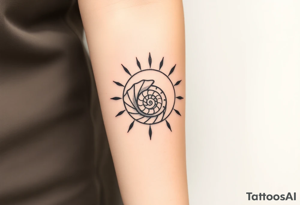 Fibonacci spiral shell inside of painted sun tattoo idea