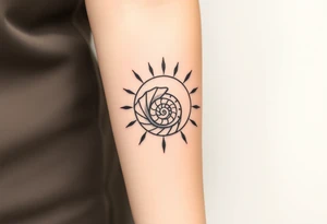 Fibonacci spiral shell inside of painted sun tattoo idea