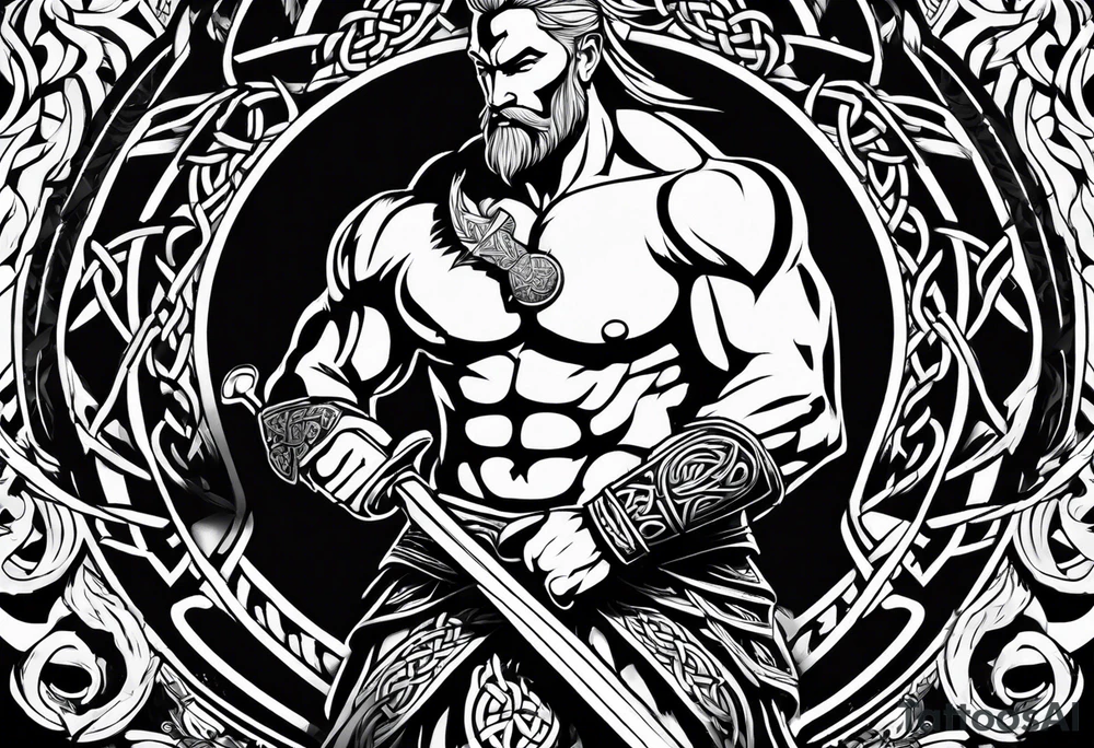 Full body side profile of Celtic warrior with weapons drawn tattoo idea
