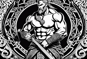 Full body side profile of Celtic warrior with weapons drawn tattoo idea