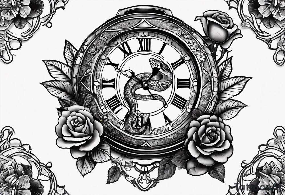 Powerful King cobra wrapped around an old broken watch clock with dead roses all around in the background tattoo idea