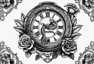 Powerful King cobra wrapped around an old broken watch clock with dead roses all around in the background tattoo idea