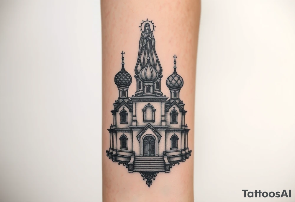 in a dorsal view a detailed medium sized country style russian orthodox church with onion domes and a band at the front with mist shrouding the top and fading into a virgin mary overlooking above at the top tattoo idea