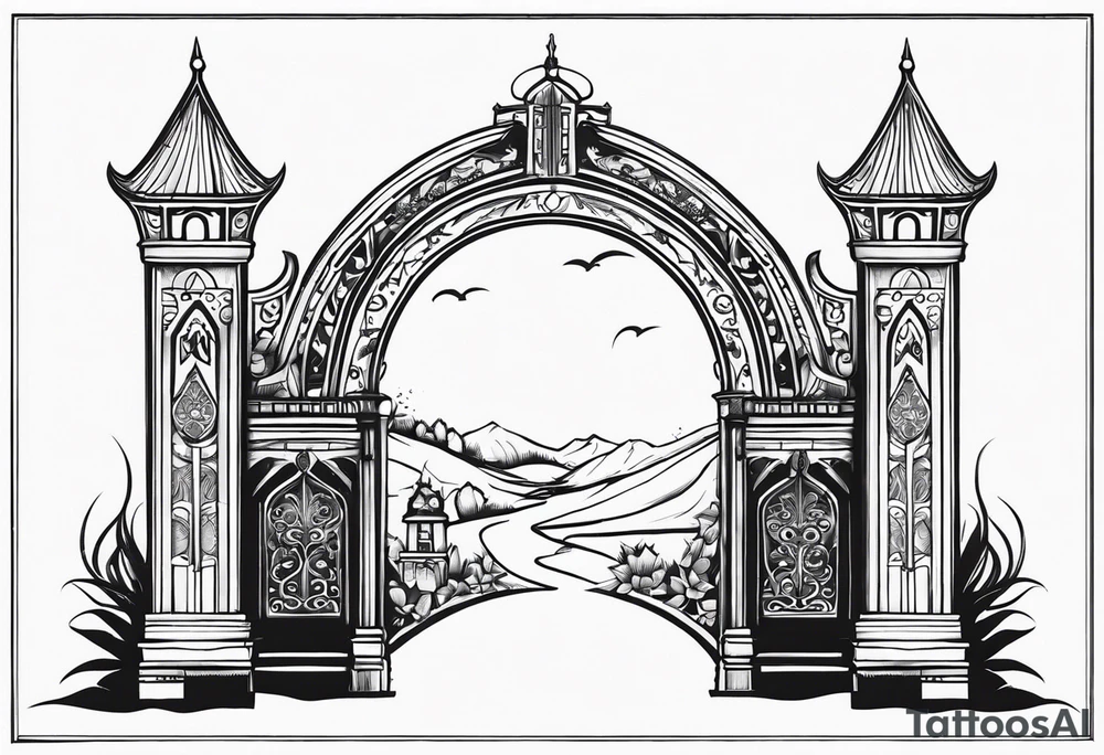 medieval tribal city gate floral land vignette tattoo idea