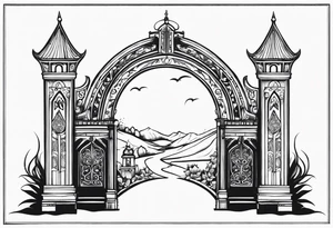 medieval tribal city gate floral  land  vignette tattoo idea