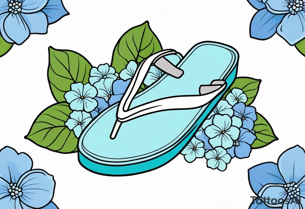 small tattoo of a single pastel blue flip flop surrounded by blue and periwinkle hydrangea flowers with green leaves tattoo idea