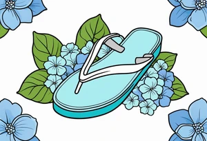 small tattoo of a single pastel blue flip flop surrounded by blue and periwinkle hydrangea flowers with green leaves tattoo idea