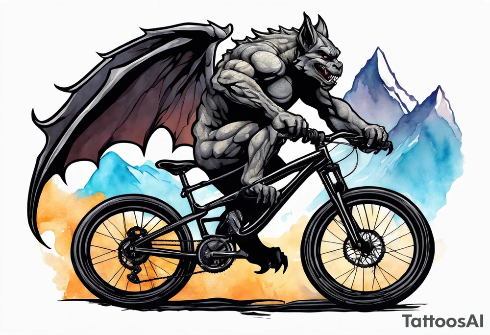 gargoyle riding a full suspension mountain bike with a shadow no background tattoo idea