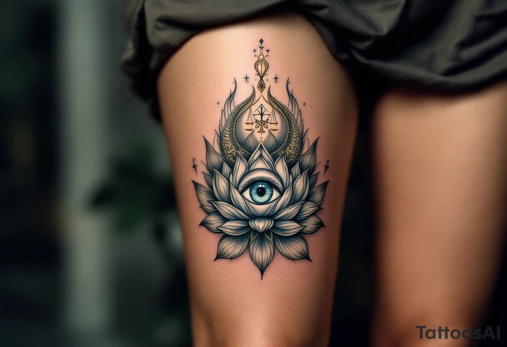 An all-seeing eye in the center of a lotus flower, surrounded by delicate golden balance scales, symbolizing karmic awareness and justice. tattoo idea