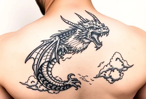 fierce dragon breathing iridescent fire against stormy skies tattoo idea