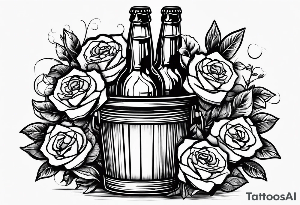 A bottle of beer and a stalk of rose in the bucket tattoo idea